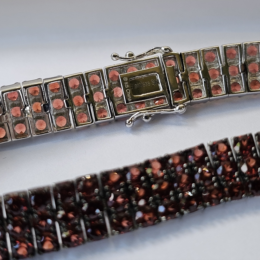 Genuine Garnet Tennis Bracelet Sterling Silver & Rhodium 7.5"